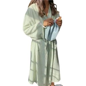 Bath Robes For Women Plaid Robe For Women With Belt Sleepwear Nightdress Night Wears Pajama Green Long Sleeve Homewear