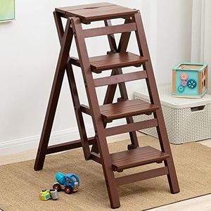 Opstapje, Opstapkruk for volwassenen/trapladder/tegenstoel, 2/3/4 stap multifunctionele opvouwbare massief houten ladder Stoo(Brown,4 step)