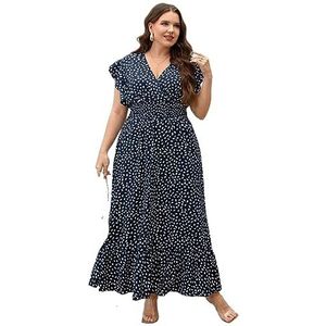 voor vrouwen jurk Plus volledig bedrukte jurk met vlindermouwen en ruches aan de zoom (Color : Blue and White, Size : XL)