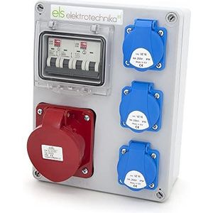 ELS Elektrotechnika Stopcontactverdeler bouwstroomverdeler wandverdeler leeg lege behuizing Schuko stopcontacten 3 x 230 V + LS C16 en 1 x CEE 16A + LS C16 bekabeld, klaar voor aansluiting op