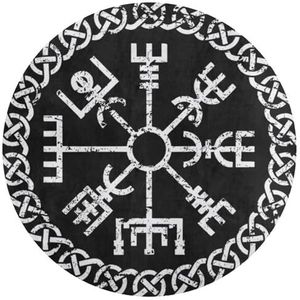 Viking Modern Rond Tapijt voor Woonkamer Slaapkamer, Noorse Mythologie Runen-symbool Print Tapijt, Zacht Gezellig Flanel Vloerkleed Antislip Wasbaar(Color:Black Vegvisir,Size:150 x 150CM)