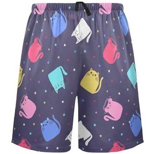 LI ZHI XIN Herenpyjamabroek, korte pyjamabroek, zomer casual shorts, elastische tailleband met trekkoord, rechte losse pasvorm met 2 zakken, S-XXL schattig kattenpatroon, Meerkleurig, S