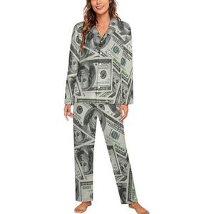 Dollars Bill Print Vrouwen Lange Mouw Button Down Nachtkleding Zachte Nachtkleding Lounge Pyjama Set XL