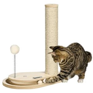 PawHut krabpaal voor katten, 40 cm, klimboom met houten bal, kattenspeeltje, draaitafel voor katten, krabpaal, kattenpaal, speelboom, naturel