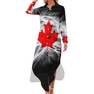 Maxi-jurk met Canadese vlag voor dames, lange mouwen, knoopjurk, casual feestjurk, lange jurk, 4XL