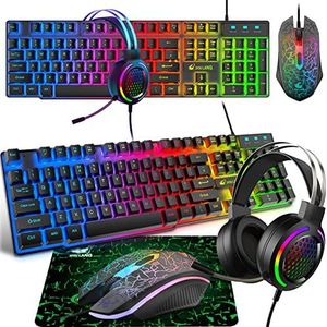Toetsenbord, Headset & Muis Set voor Gaming, 104 Toetsen Rainbow Backlit Toetsenbord + 2400 DPI Muis + 7.1 Surround RGB Lichtgewicht Honingraat Koptelefoon + Muismat Combinatie voor PS4 XBox, Zwart