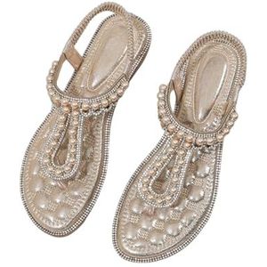 Xytraiihw Damesmode Clip Teen Sandalen, met Parels en Elastische Band Zomerschoenen Casual Comfortabele Slingback Sandalen Ronde Kop Vismond Zomerschoenen Glitter Pantoffels,Goud,36 EU