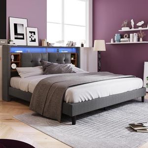 Aunvla Gestoffeerd bed, tweepersoonsbed, opberg-hoofdeinde, bed met opladen via USB en LED-verlichting, bedframe, lattenbodem van hout, 160 x 200 cm, grijs (zonder matras)