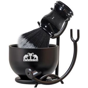 Grandslam Premium scheerkwastenset, 3-in-1 scheerkwast voor heren, standaard en schaal van roestvrij staal, traditionele nat scheerset, handmatige baardset voor heren, cadeau (zwart-1)