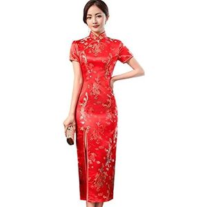 Altsuceser Dames mandarijn kraag vintage borduurwerk draak feniks print cheongsam-jurk, split traditionele Chinese jurk Qipao trouwjurk rood 3XL