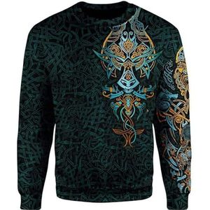 Odin Wolf Tattoo hoodie Voor Heren, Noorse Mythologie 3D Digitaal Geprint Modieus Harajuku-ritsjack, Herfst Casual Ronde Hals Los Grote Maat Sweatshirt(Color:Round Neck,Size:XL)