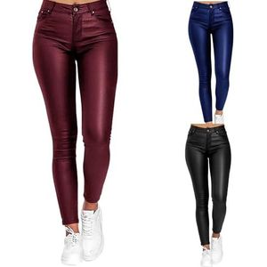 Dames Rekbare Leggings, Imitatieleren Broek, Hoge Taille, Casual Skinny Broek, Sexy Glanzende Wetlook, Imitatieleren Wetlook, Corrigerende Billen, Push-up Trainingsbroek(Red wine,S)