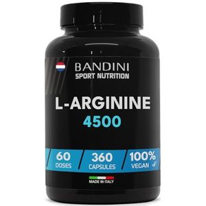 Bandini® L-Arginine 360 Capsules Hoge Dosis, 4500 mg Arginine Puur HCL poeder per Portie - Veganistisch, Gemaakt door plantaardige fermentatie - Supplement zonder Additieven - Geproduceerd in Italië