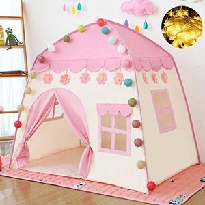 Kindertent prinses speeltent voor meisjes, slot, speeltent, Oxford-stof, kinderspeelhuis voor binnen en buiten, met lichtketting, Playhouse meisjes-verjaardagscadeau, roze