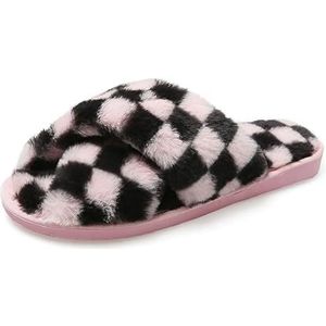 JadeRich Vrouwen Cross Band Fuzzy Pluche Slippers Geruite Faux Fur Slides Pluizige Platte Slide Sandalen Indoor Outdoor, roze, 5/6 UK