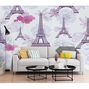 Behang Eiffeltoren Paars Behang Kinderen Slaapkamer Volwassenen Woonkamer Keuken TV Achtergrond Zijdedoek Decoratie Zonder Lijm 190 x 148 cm