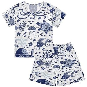 YOUJUNER Kinderpyjamaset etnische zeedieren T-shirt met korte mouwen zomer nachtkleding pyjama loungewear nachtkleding voor jongens meisjes kinderen, Meerkleurig, 6 jaar