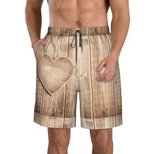PHTZEZFC Strandshorts voor heren, met houten hartprint, zomervakantie, strandshorts, casual, lichtgewicht trekkoord, Wit, XL