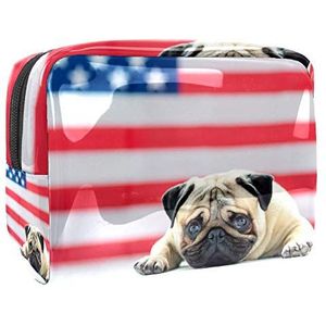 Grote make-up tas PVC toilettas reizen cosmetische tas mooie beige puppy pug op de achtergrond van de Amerikaanse vlag patroon draagbare make-up zakje voor vrouwen meisjes