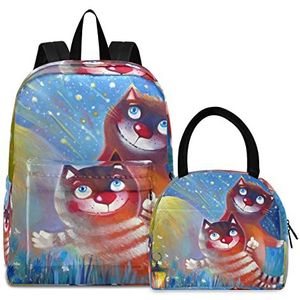 Aquarel schattige kat boekentas lunchpakket set schouder rugzak boekentas kinderrugzak geïsoleerde lunchbox-tas voor meisjes jongens, Patroon., Medium