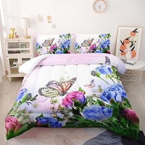 Eenpersoons Dekbed Vlinder Bloemen Anti-Huisstofmijt - Anti-Allergeen Het Hele Jaar Door Zachte Microvezel Dubbele Machine Wasbaar, 2 Kussenslopen