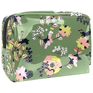 Make-uptas PVC toilettas met ritssluiting waterdichte cosmetische tas met kleurrijk bloemenpatroon op groene achtergrond voor vrouwen en meisjes