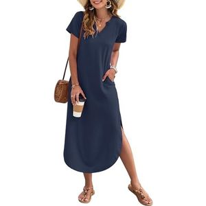 AUSELILY Ongedwongen maxi-jurk voor dames, voor in de zomer, met korte mouwen, V-hals, losvallende zomerjurk, split, lange strandjurk, shirtjurk voor op vakantie, Donkerblauw, XXL
