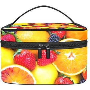 Draagbare Make-up Tas Reizen Cosmetische Zakken Voor Vrouwen Meisjes Rits Pouch Case Organizer Verse Fruit Aardbei Moerbei Oranje Druif, Meerkleurig, 22.5x15x13.8cm/8.9x5.9x5.4in