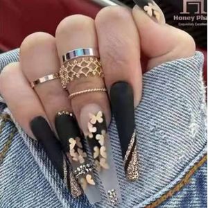 Coffin False Nails French Butterfly Press on Nails Pink Long Stick on Nails Ballerina Acrylic Fake Nails 24pcs for Women and Girls(Black,24 Piece Assortment)