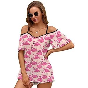 Roze Flamingo's Vrouwen Blouse Koude Schouder Korte Mouw Jurk Tops T-shirts Casual T-shirt S