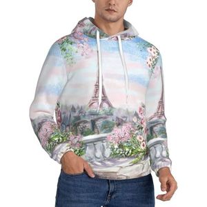 JEJEA Paris Eiffeltoren met bloemenprint casual hoodie voor heren, sweatshirt met lange mouwen, comfortabel, ademend, gymhoodie met zak, Zwart, XXL