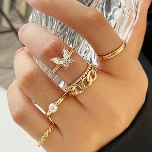 Vintage Koreaanse gouden zilveren kleur parel ringen Set sieraden voor meisjes vlinder holle hart Ring voor vrouwen - AR0038