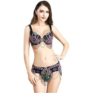 Dames Buikdanser Kostuums Carnaval Professionele Prestaties Dansen Outfit Maskerade Kleding Buikdans Top Beha En Buikdans Riem 2-delige set,zwart,L