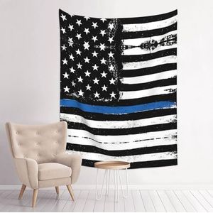 DJnni Blauwe dunne lijn Amerikaanse vlag indoor decoratief wandtapijt 29 x 37 inch, muur decoratief tapijt muurdeken, goed gordijn, zacht