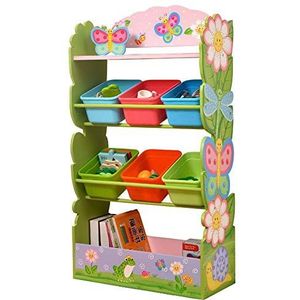 QINQIGBJ Kids houten Bookshelf, Girls Boekenkast Magazine Rack om Bescherm uw kinderen Boeken met 6 Opslag Bakken, perfecte hoogte for uw kleine Reade, bloem patroon van de vlinder