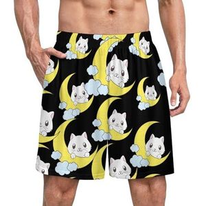 Leuke kat op de maan grappige pyjama shorts voor mannen pyjamabroek heren nachtkleding met zakken zacht