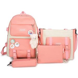 4 stuks rugzakken combo set met beer hanger voor tienerstudenten - canvas laptop schooltas sets voor kinderen met draagtas etui, lunchbox tas, terug naar school benodigdheden dagrugzak kit, roze, Large, Klassiek