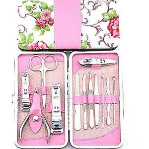12 stuks nagelknipper manicureset, roestvrij staal verzorgingsgereedschap met roze PU-lederen hoes voor reizen en thuis