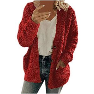 HaicoM Kitted vest voor vrouwen met knopen herfst winter jersey vest dames zakken V-hals lange mouwen bovenkleding dames casual losse warme plus size pluche trui vest jas, Rood, L