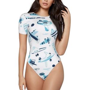 KHDKLXOHZ 3d vliegtuig damesbodysuits - shapewear met korte mouwen, ronde hals, rekbare basic T-shirt tops, casual slim comfortabele pasvorm turnpak-onesie, 3d, S