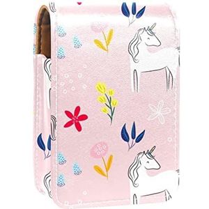 Roze Achtergrond Eenhoorn Plant Lipgloss Houder Lippenstift Case Draagbare Mini Lipstick Opbergdoos Reizen Lipstick Of Organizer Case met Spiegel voor Vrouwen, Meerkleurig, 9.5x2x7 cm/3.7x0.8x2.7 in
