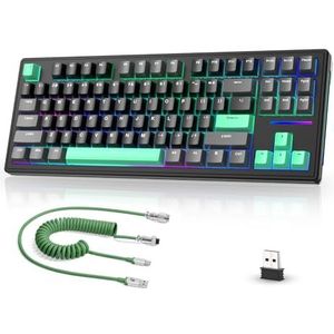 MAMBASNAKE × ATTACK SHARK TKL Hot-Swappable Draadloos Mechanisch Gaming Toetsenbord met Op Maat Gemaakte Gekrulde USB-C-kabel, 2,4 GHz/BT5.0/Bedraad, RGB-achtergrondverlichting, 4600mAh- Zwart/Groen