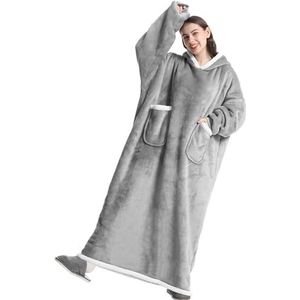 Boikey Oversized hoodie fluwelen deken trui sweatshirt, extra lange capuchon deken met mouwen hoodie draagbaar, gooien met zakken, één maat voor volwassenen, vrouwen en mannen, Lichtgrijs, XL