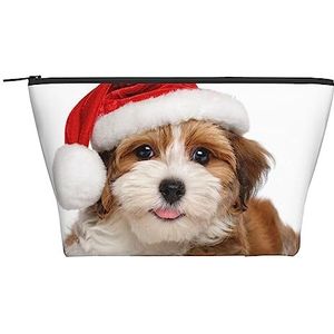 OPSREY Puppy Hond Kerst Kerstman Hoed Print Make-up Tas Cosmetische Tas Draagbare Waterdichte Rits Toilettas Voor Vrouwen Reizen, Zwart, One Size, Zwart, Eén maat