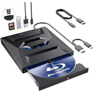 Externe Blu Ray Drive, Draagbare Bluray Player Writer Reader, CD-brander met USB 3.0 typc C-poort en SD-kaart, DVD & CD-ROM +/-RW, Externe Blu-Ray Drives voor PC Laptop Desktop Windows Mac Linux