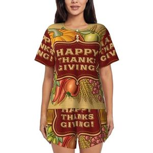 Happy Thanksgiving Print Dames Zomer Zachte Tweedelige Bijpassende Outfits Korte Mouw Pyjama Lounge Pyjama Sets, Zwart, XL