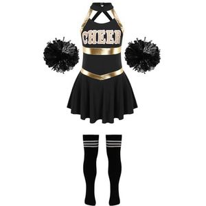 Cheerleader-uniformen, cheerleader-kostuum voor meisjes, cheerleader-danskostuums, cheerleader-jurk + sokken met bloemballen, danswedstrijdset (kleur: A, zwart)