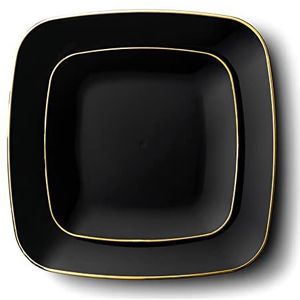 Decorline - 32 Luxe herbruikbaar kunststof Party set - Zwart met Goud Rand-Square Collectie