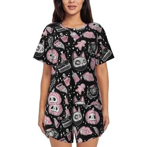 YQxwJL Halloween Pompoen Kat Print Vrouwen Pyjama Sets Shorts Korte Mouw Lounge Sets Nachtkleding Casual Pjs Met Zakken, Zwart, 3XL