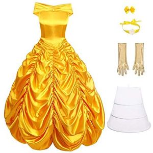 IMEKIS Vrouwen Belle Jurk Off Shoulder Ruche Lange Rok Prinses Beauty and The Beast Fancy Party Outfit Halloween Carnaval Cosplay Dress Up Volwassen Sprookjeskostuum Geel L